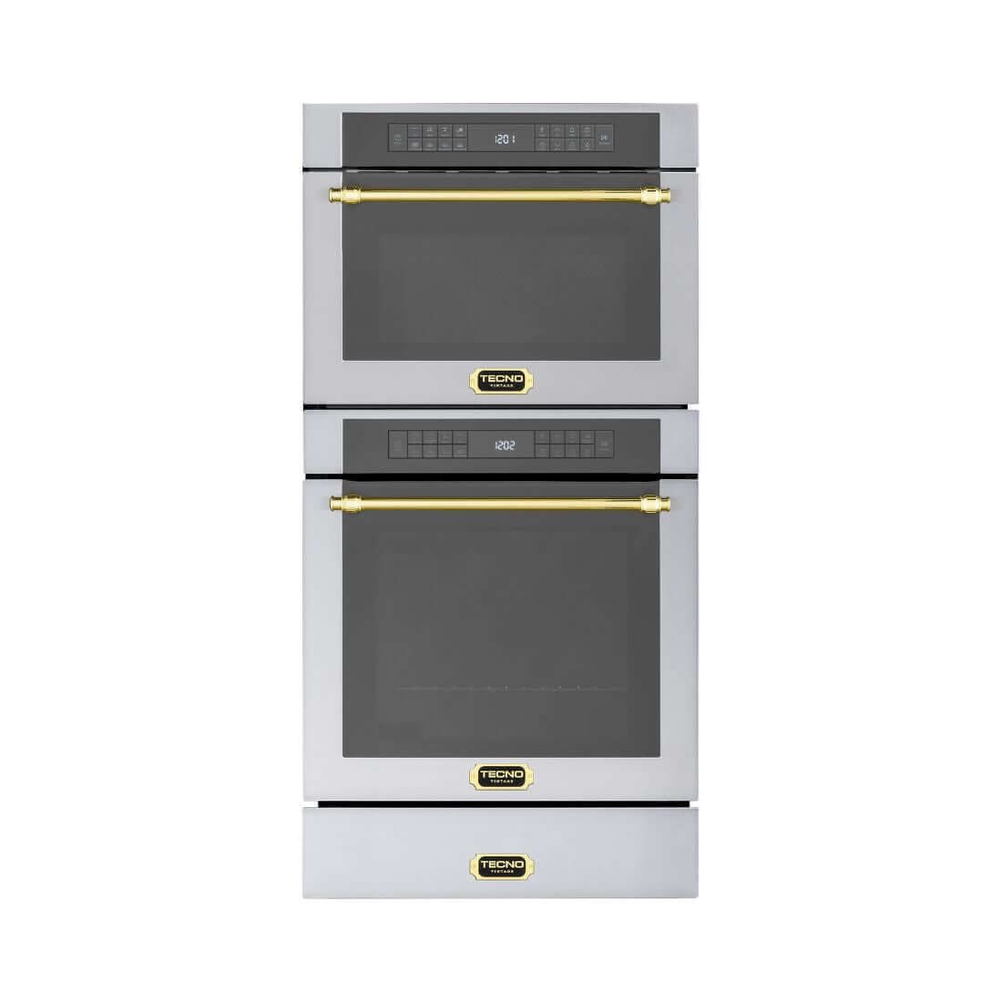 Torre Quente Tecno Vintage Inox 60cm | Forno, Micro e Gaveta - Tecno forno combinado 38L em inox com acabamento vintage, portas de vidro e puxadores dourados